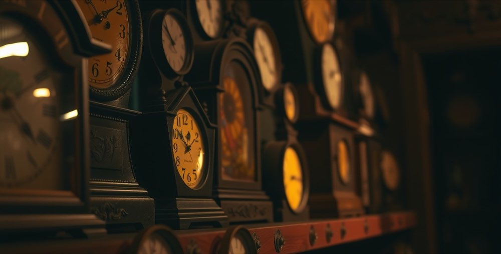 A shelf of antique mantel clocks in low light